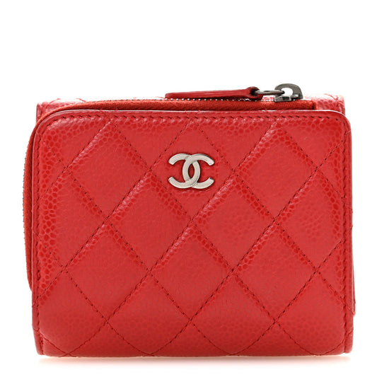 Caviar Quilted CC Zip Tri-Fold Wallet Red