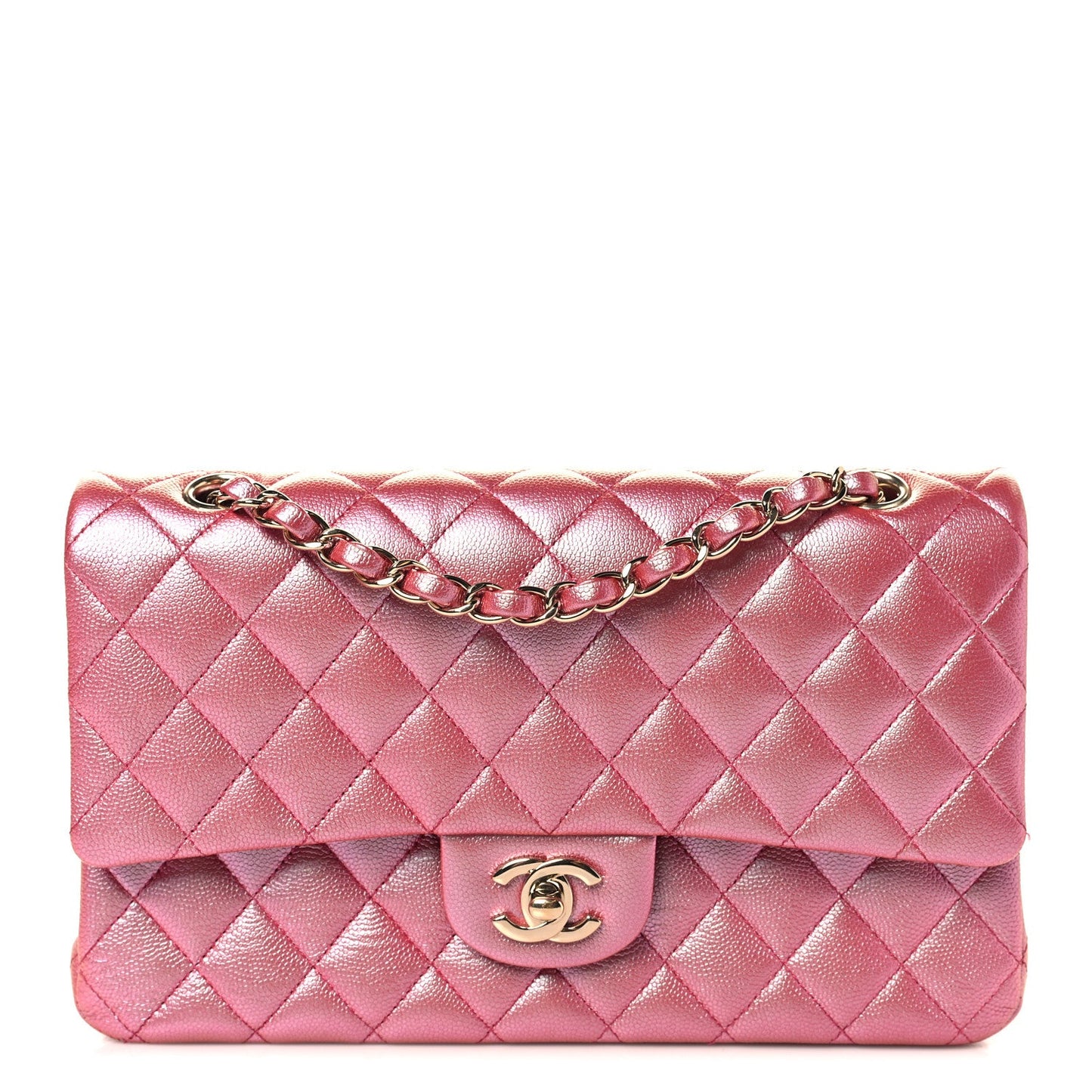Iridescent Caviar Quilted Medium Double Flap Dark Pink