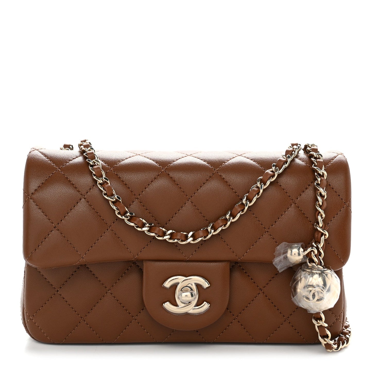 Lambskin Quilted Mini Rectangular Pearl Crush Flap Brown