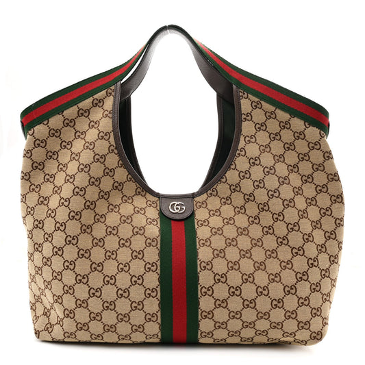 GG Monogram Web Large Giglio Tote Beige Brown