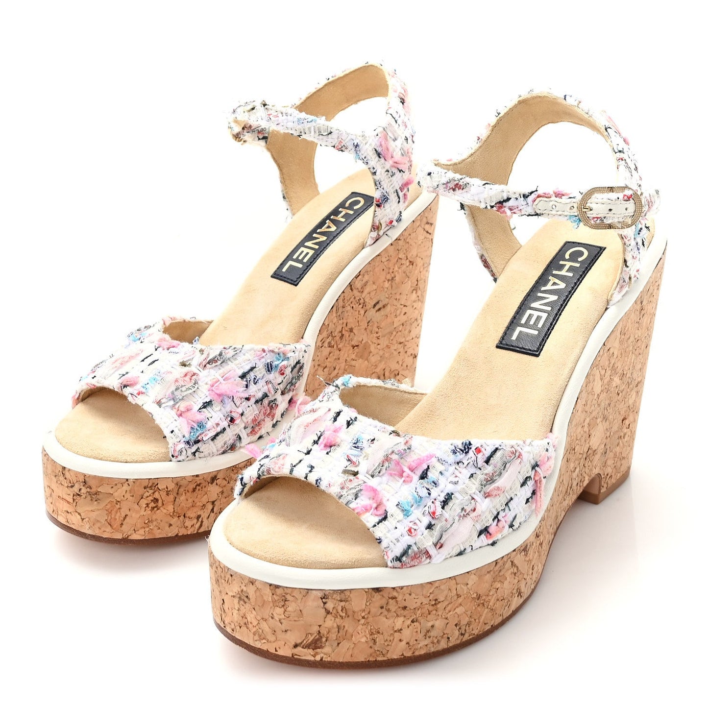 Tweed Cork CC Wedge Sandals 39 Ecru Pink Blue Green