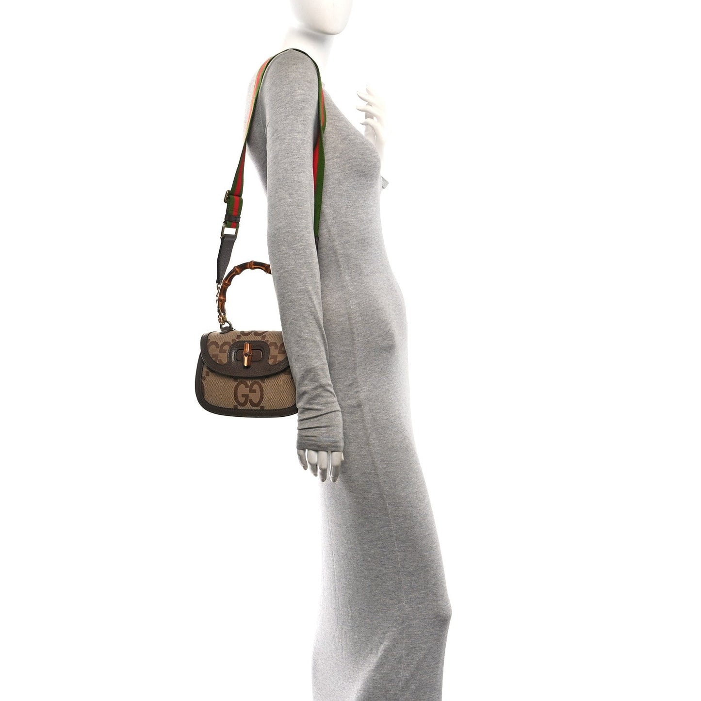 Monogram Jumbo GG Textured Dollar Calfskin Web Small Bamboo 1947 Top Handle Bag Camel Ebony New Acero