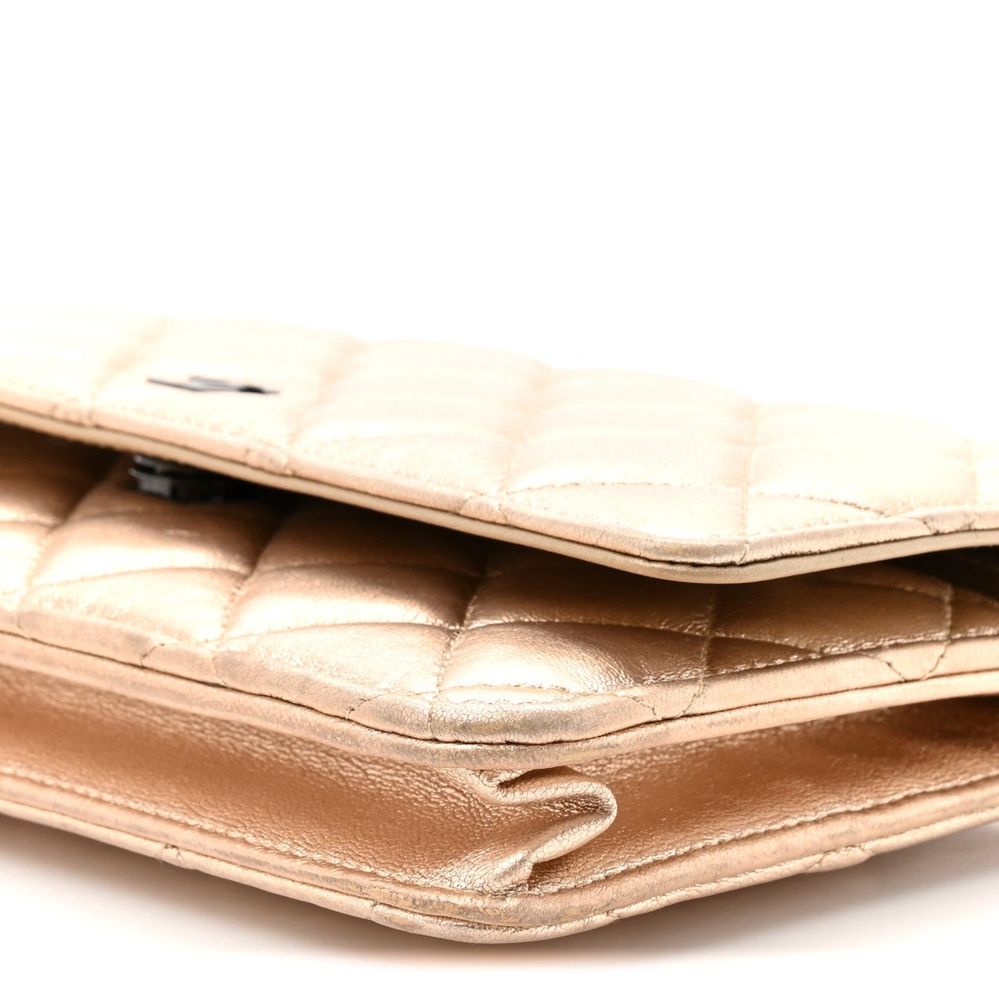 Metallic Lambskin Quilted Wallet On Chain WOC Gold Black