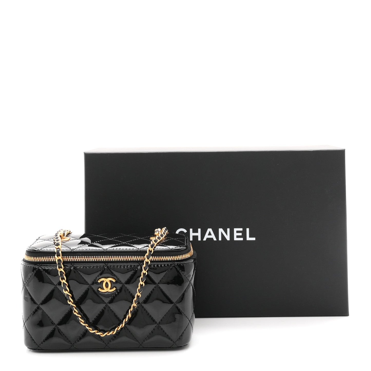 Patent Enamel Quilted Small Coco Hearts Vanity Case With Chain Black