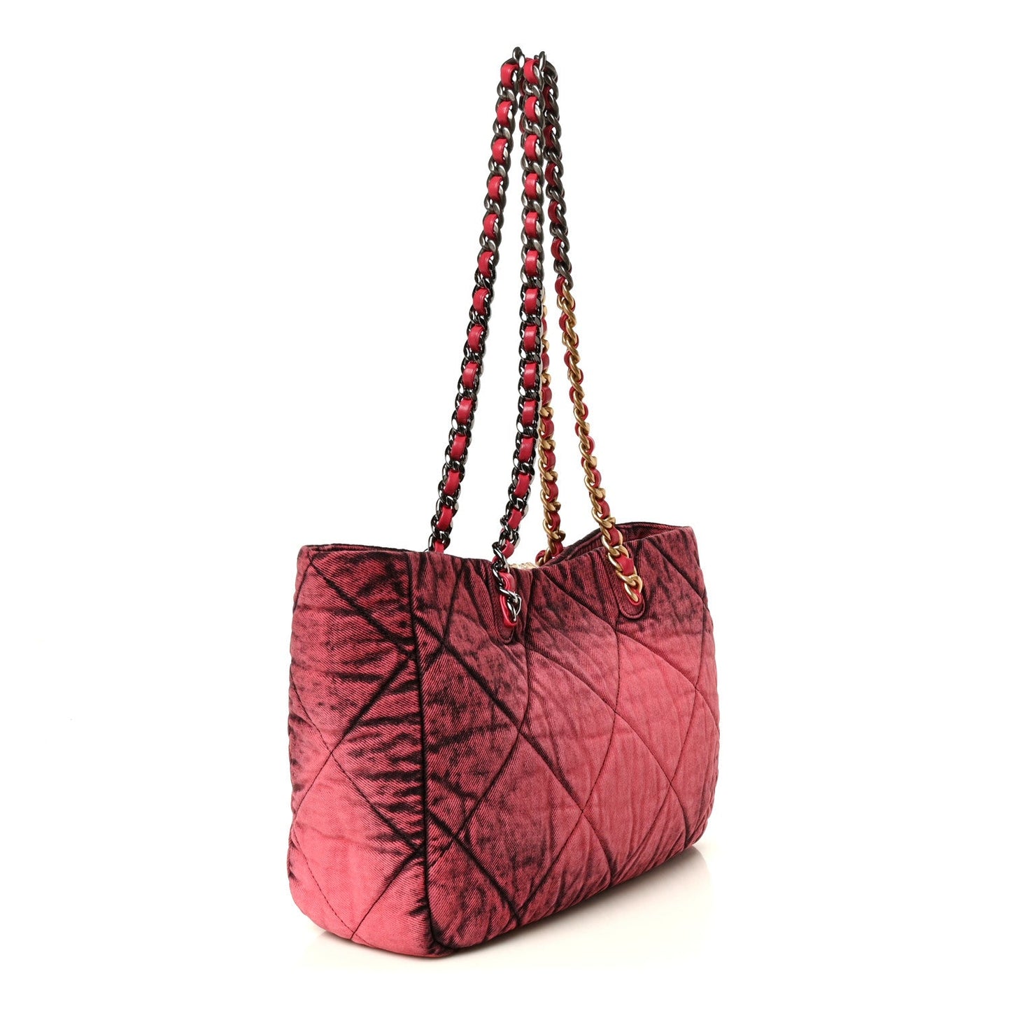 Washed Denim Quilted Chanel 19 East West Shopping Bag Pink