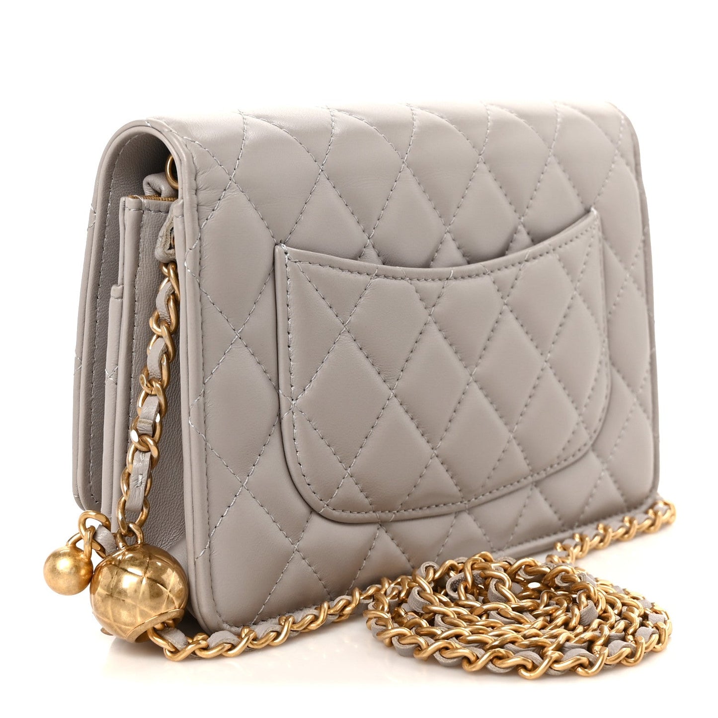 Lambskin Quilted CC Pearl Crush Wallet on Chain WOC Grey