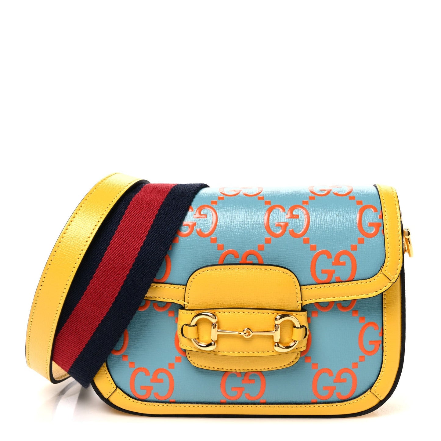 Azalea Calfskin GG Monogram Bi-Color Debossed Horsebit 1955 Shoulder Bag Dusty Azure Stone Topaz Deep Orange