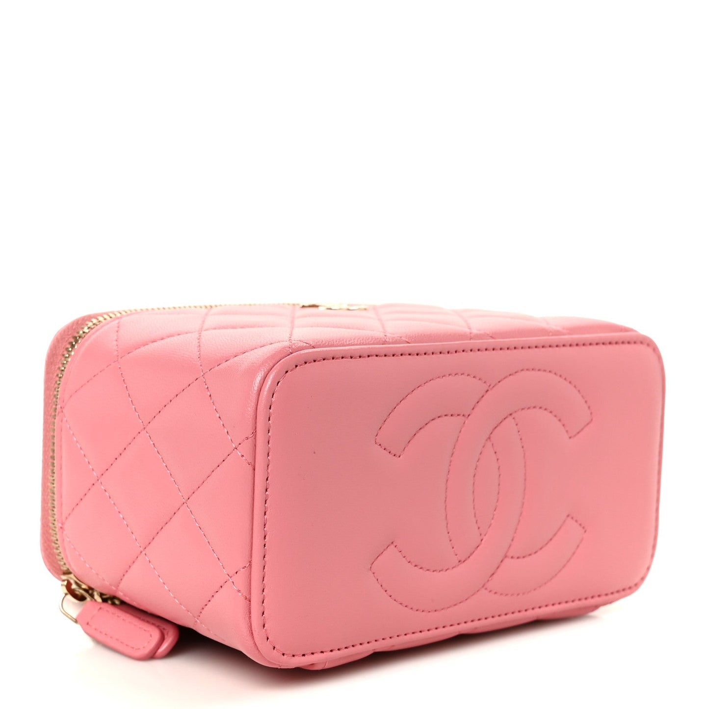 Lambskin Quilted Small Top Handle Vanity Case With Chain Pink