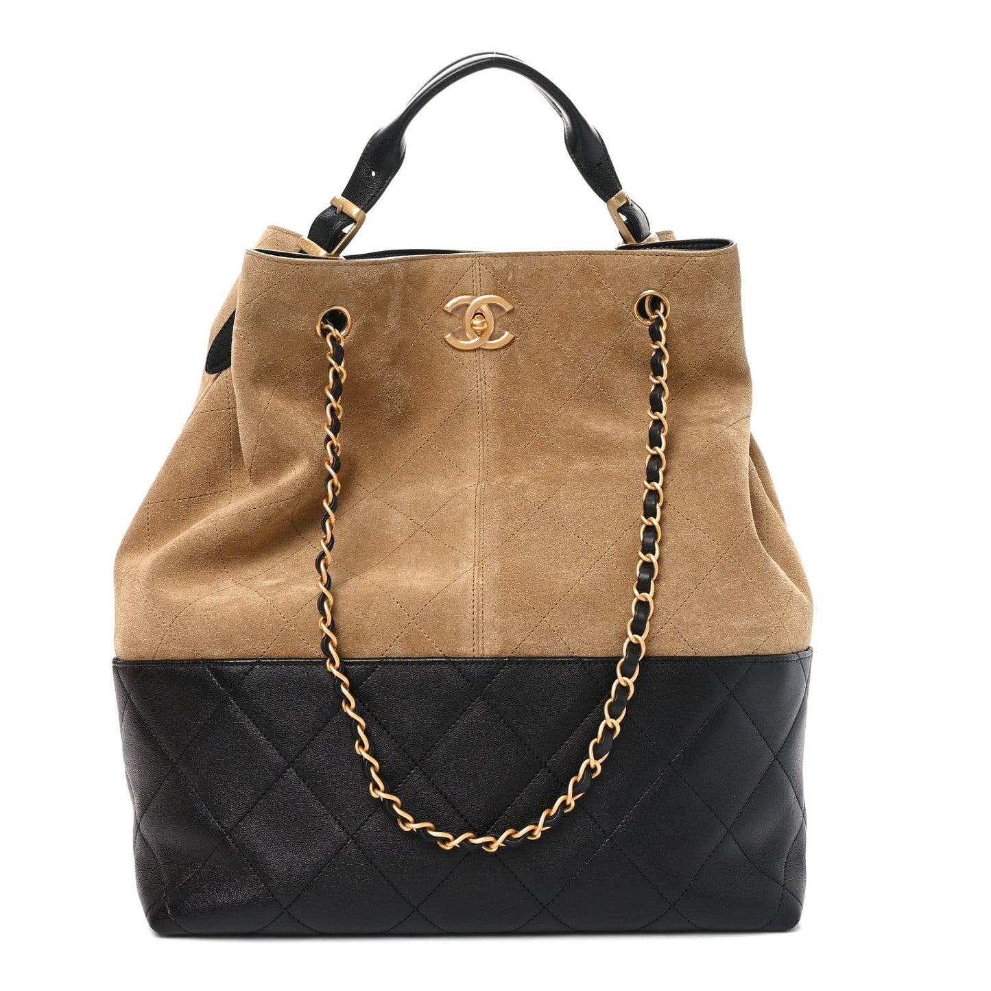 Suede Calfskin Shiny Lambskin Quilted Large Coco Base Shopping Bag Beige Black