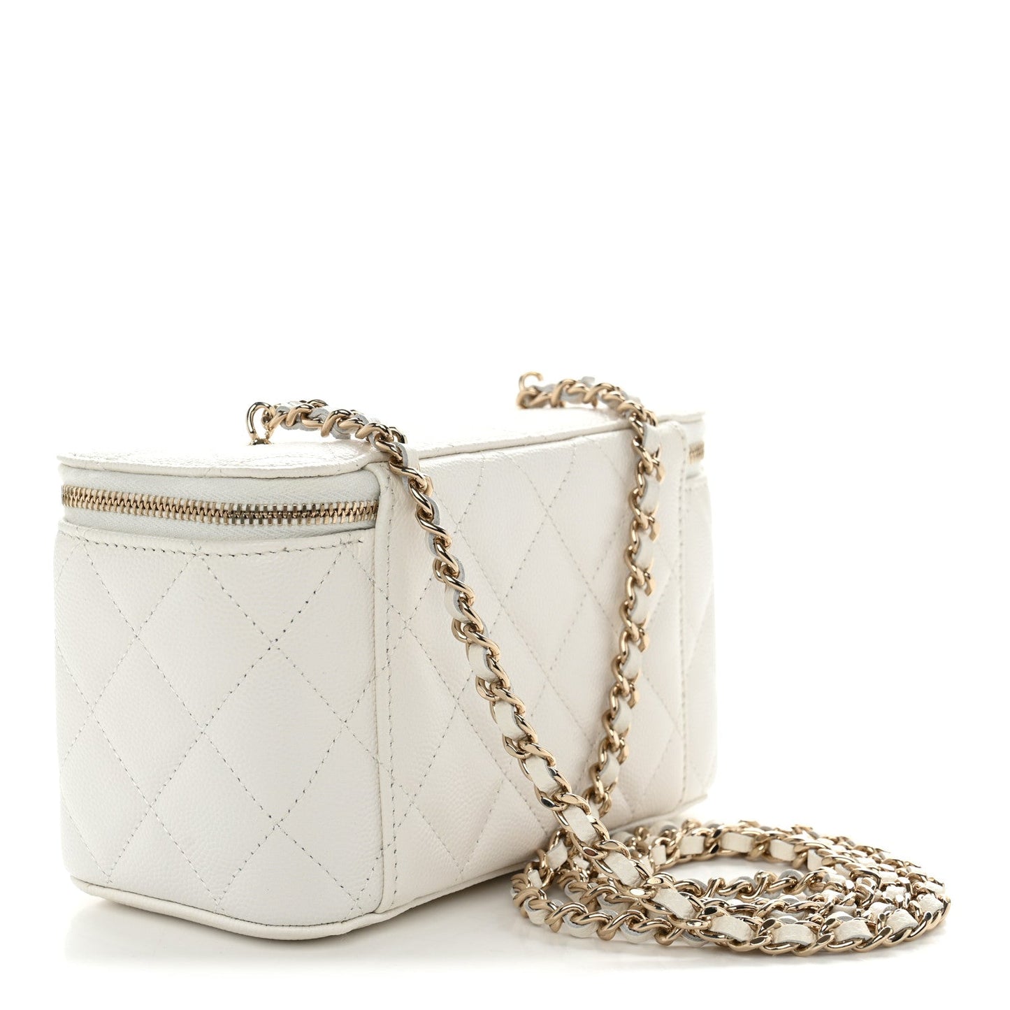 Caviar Quilted Crystal Hearts Small Vanity Case With Chain White