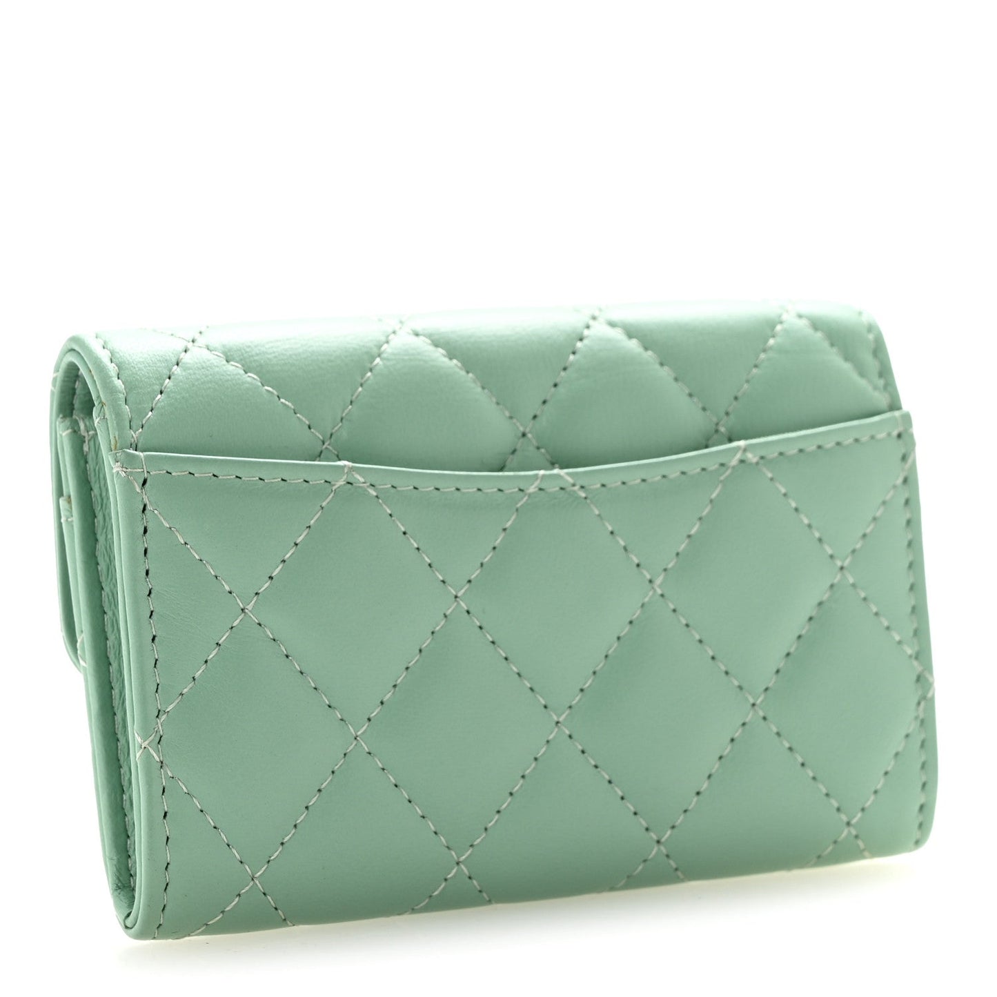 Lambskin Quilted Flap Card Holder Wallet Green