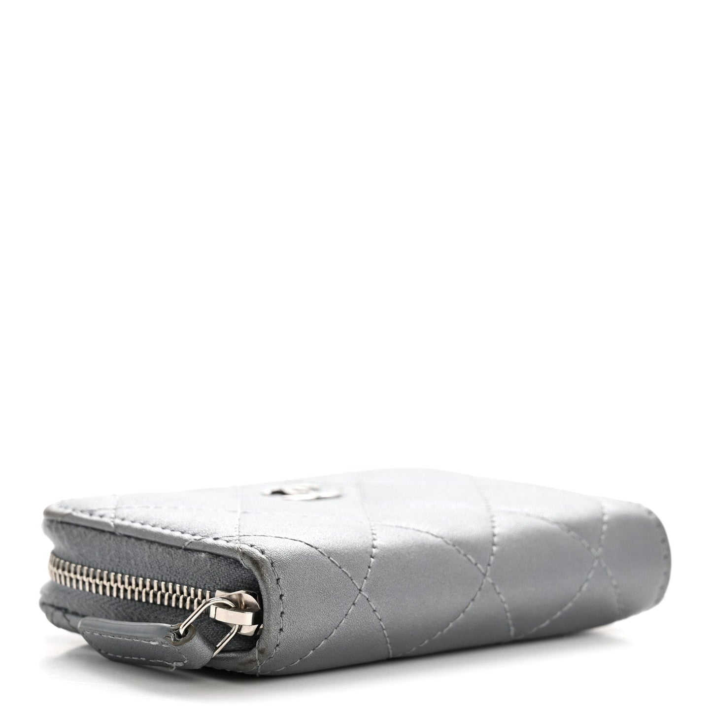 Metallic Lambskin Quilted Zip Around Coin Purse Wallet Silver