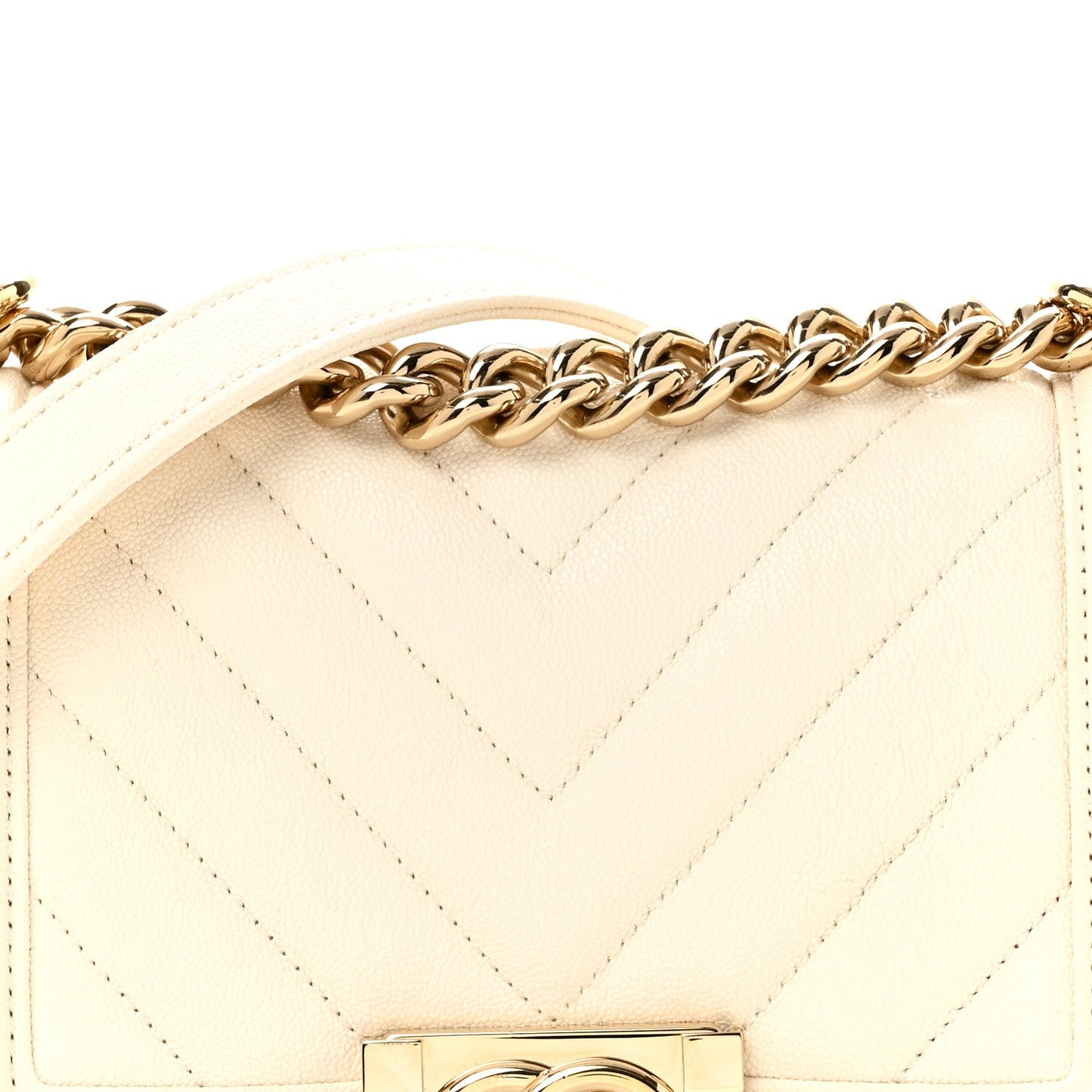 Caviar Chevron Quilted Small Boy Flap White