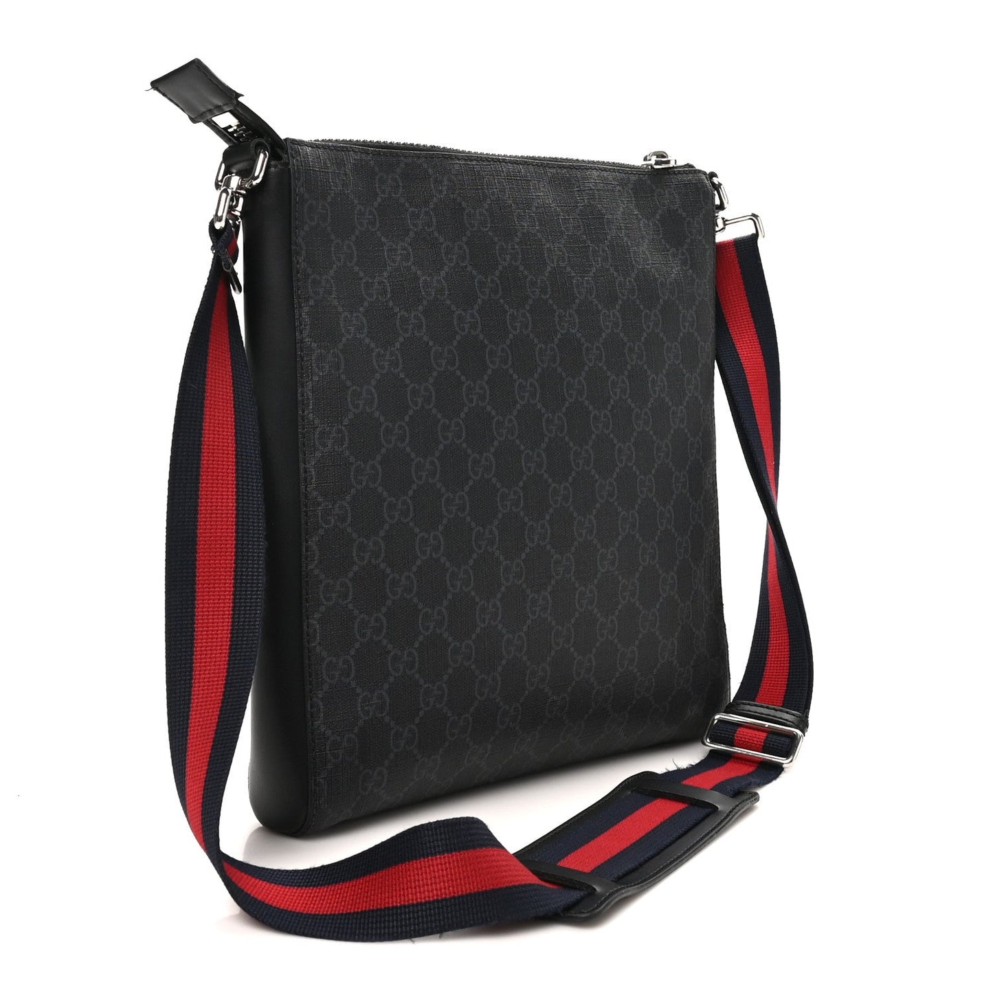 GG Supreme Monogram Appia Calfskin Web Flat Messenger Bag Black Grey