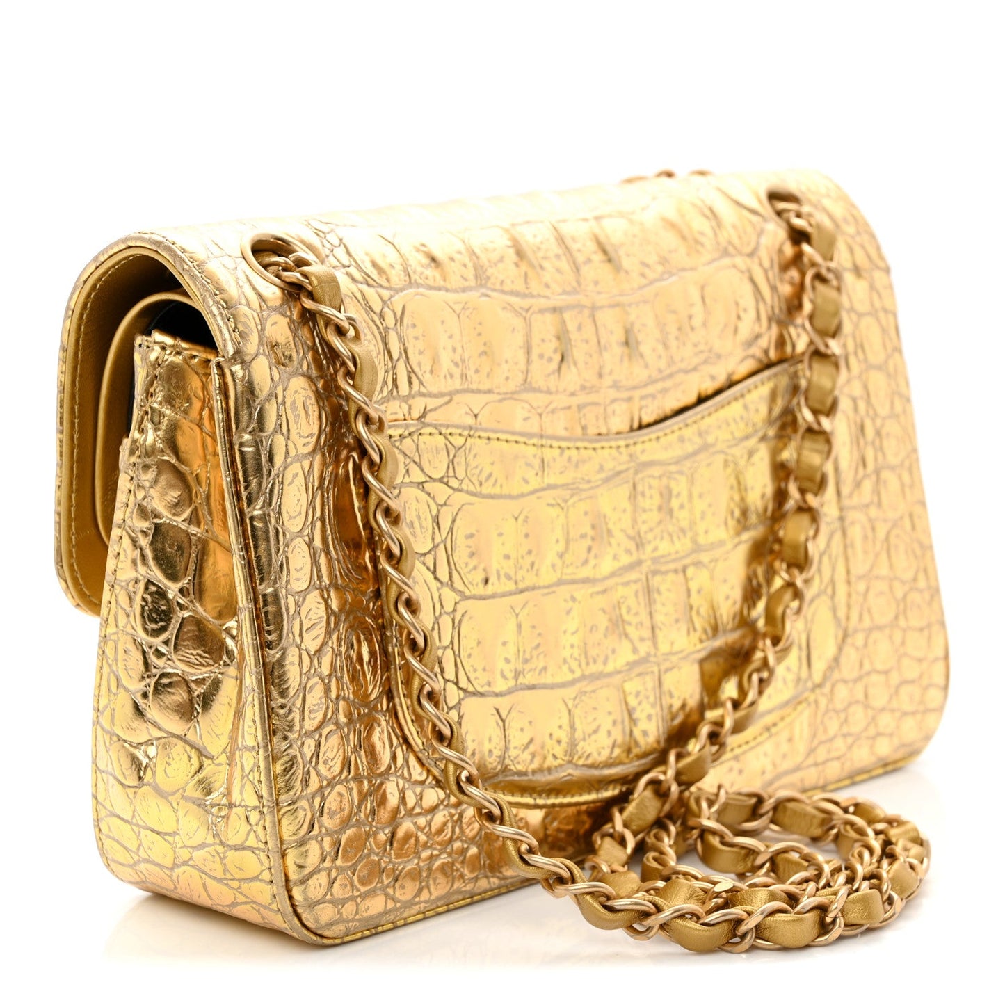 Metallic Calfskin Crocodile Embossed Cocodile Small Double Flap Gold