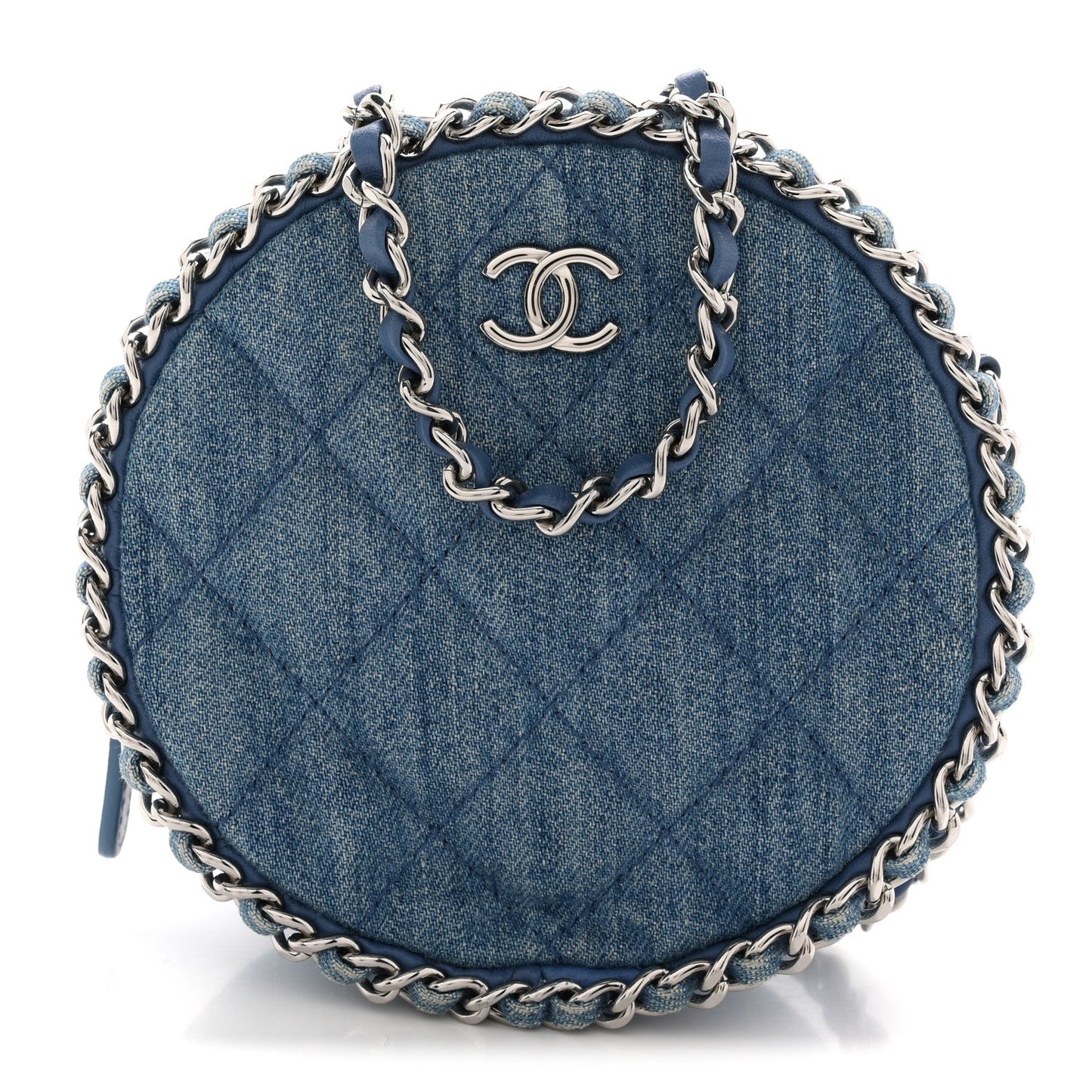 Denim Quilted Round Clutch With Chain Blue