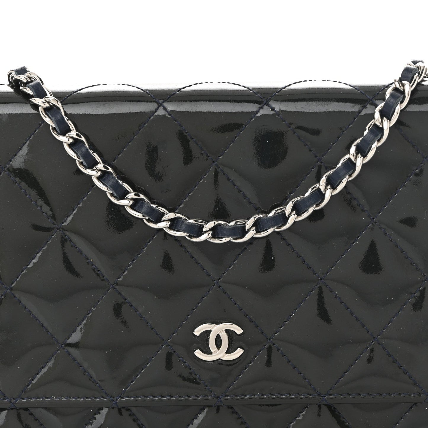 Patent Quilted Wallet On Chain WOC Navy Blue