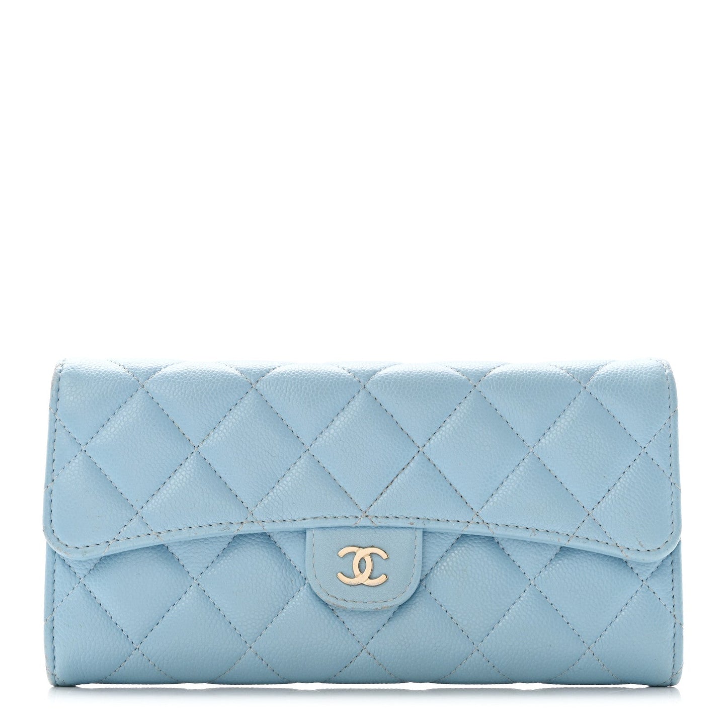 Caviar Quilted Large Gusset Flap Wallet Light Blue