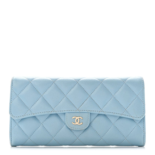 Caviar Quilted Large Gusset Flap Wallet Light Blue