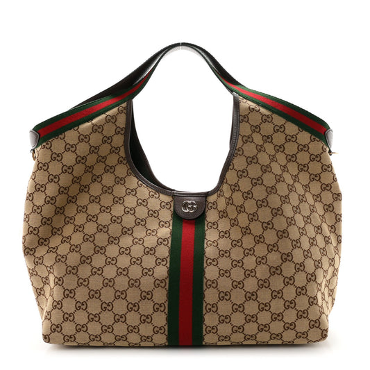 GG Monogram Web Large Giglio Tote Beige Brown