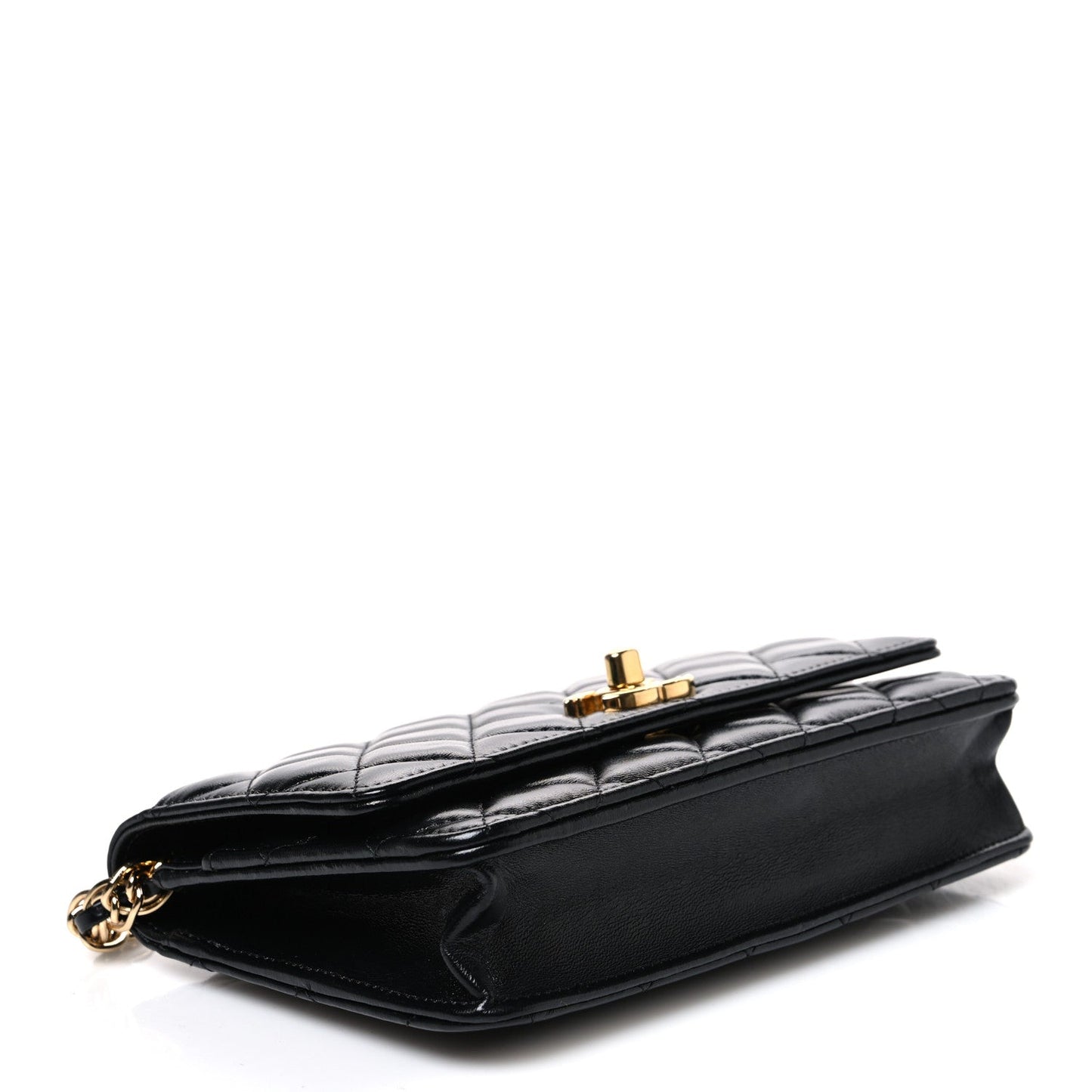 Shiny Lambskin Quilted Golden Links Wallet On Chain WOC Black