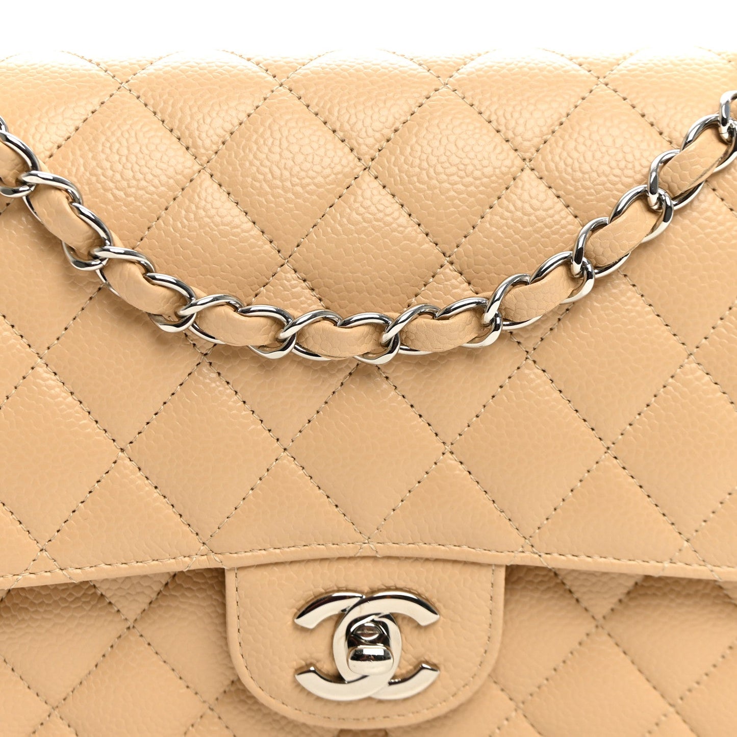 Caviar Quilted Medium Double Flap Beige