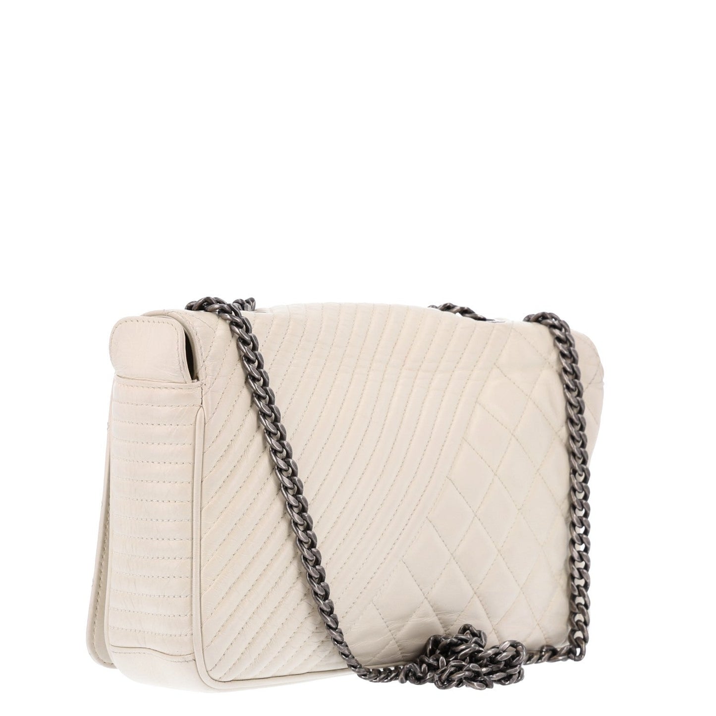 Glazed Calfskin Quilted Medium Coco Boy Flap White