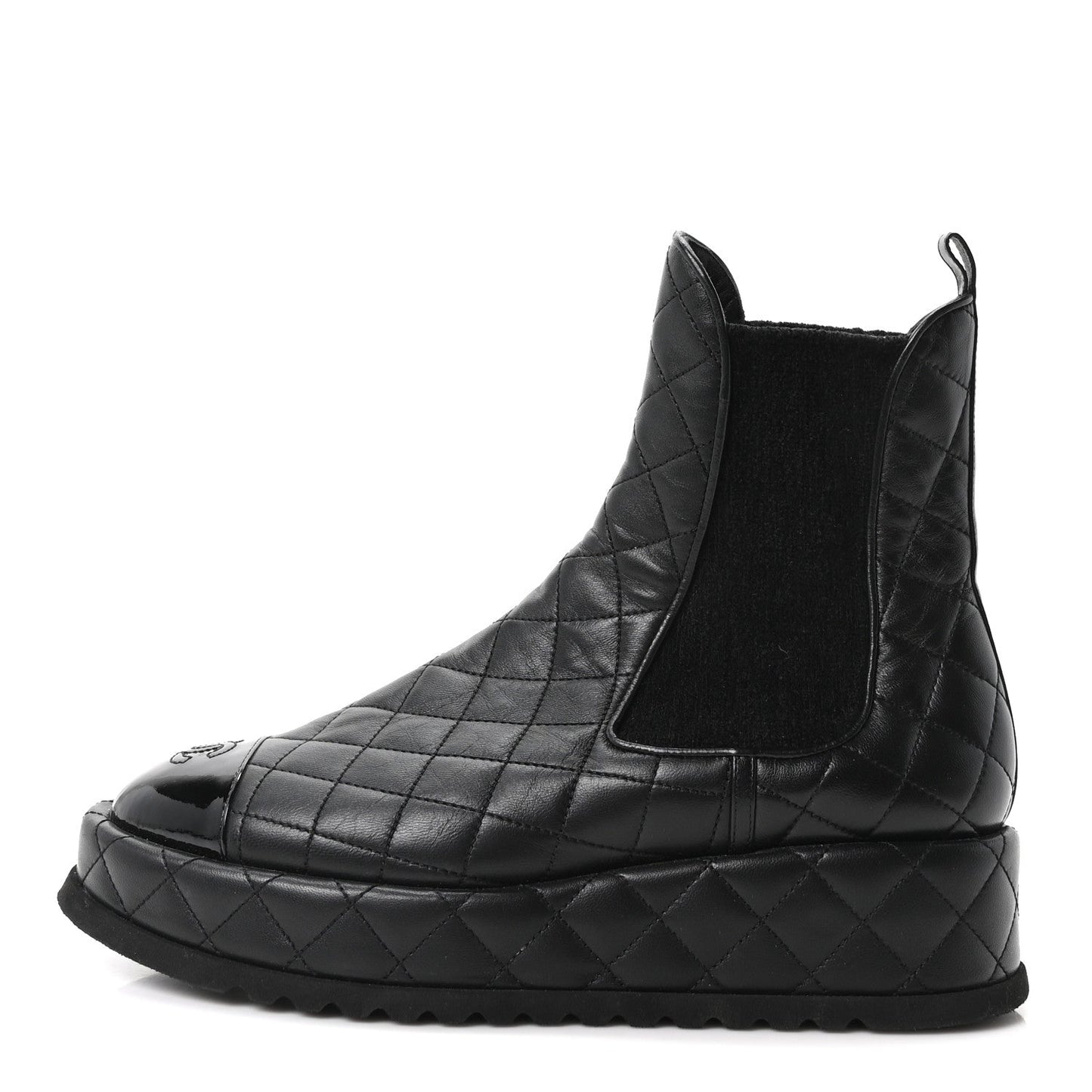 Lambskin Patent CC Cap Toe Quilted Short Platform Boots 39 Black