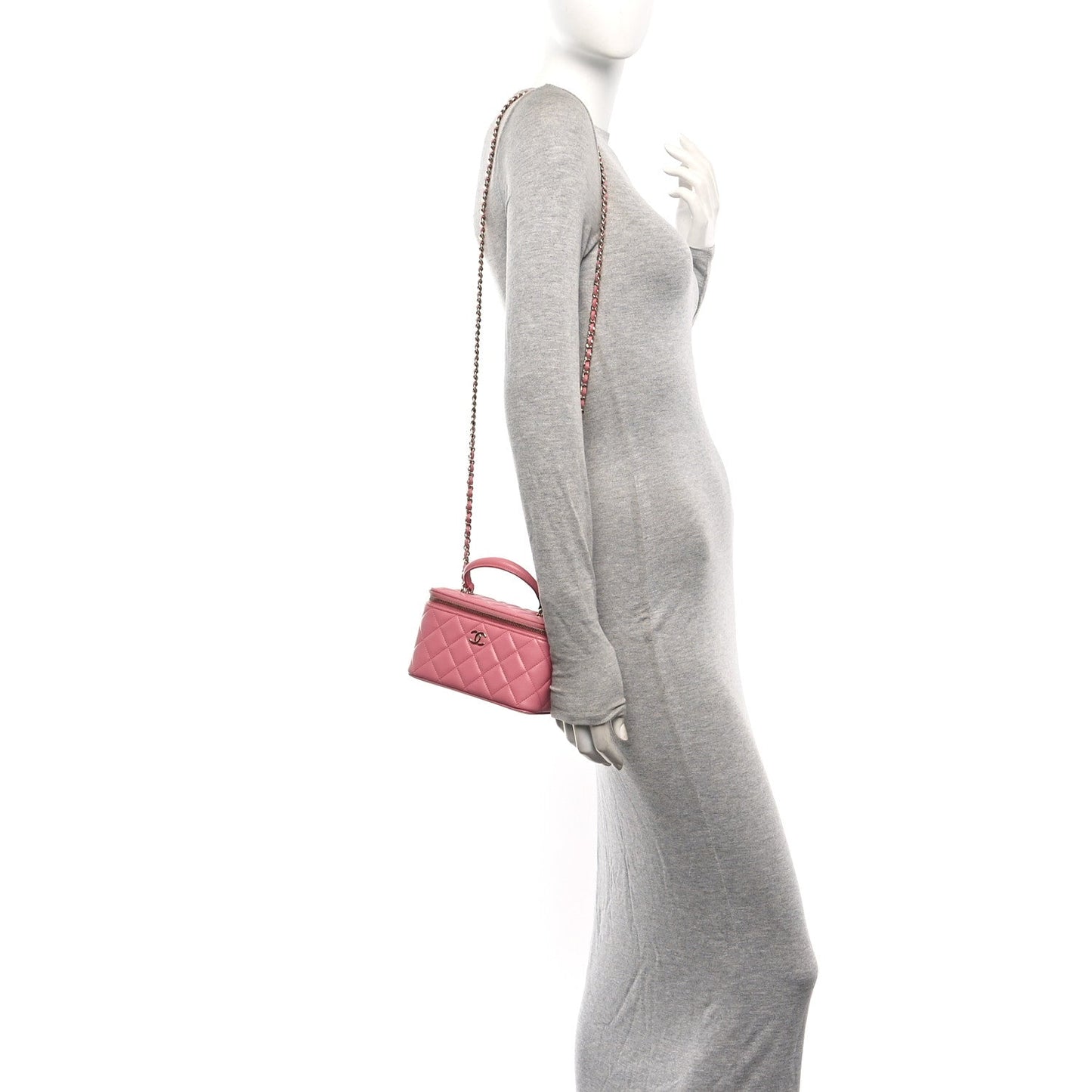 Lambskin Quilted Small Top Handle Vanity Case With Chain Pink