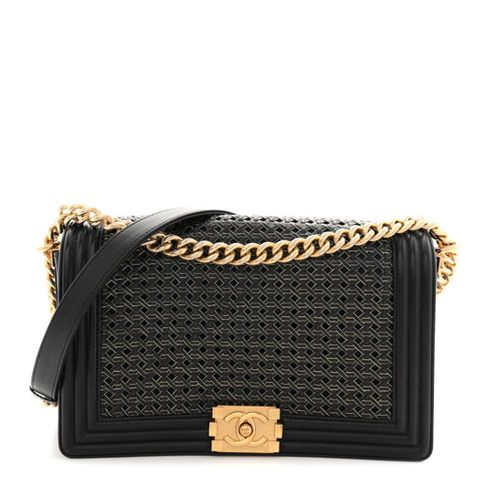Lambskin Braided Woven Medium Boy Flap Navy Black