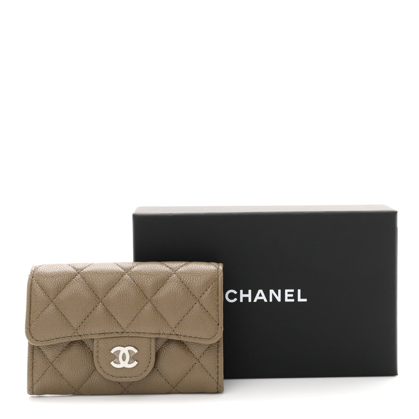 Caviar Quilted Flap Card Holder Wallet Dark Khaki