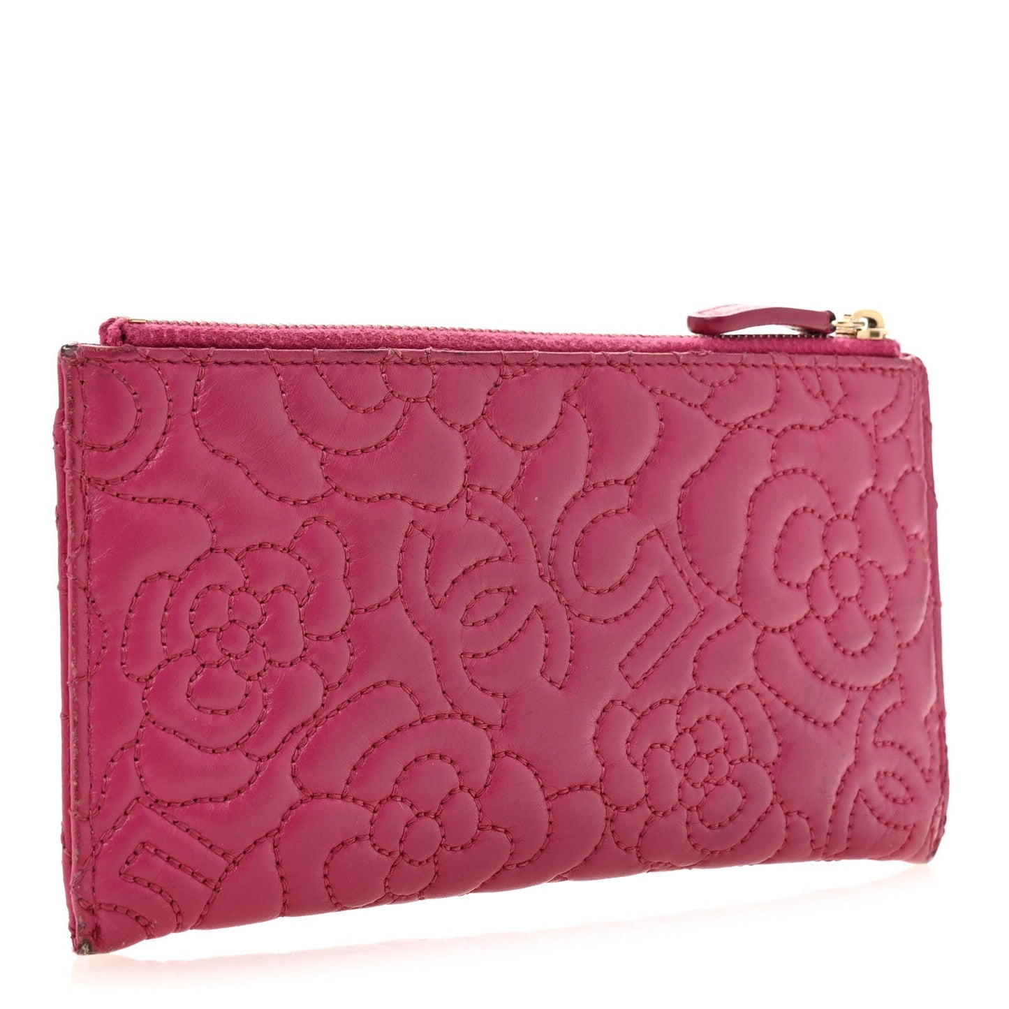 Lambskin Camellia Embossed Classic Zip Pouch Pink