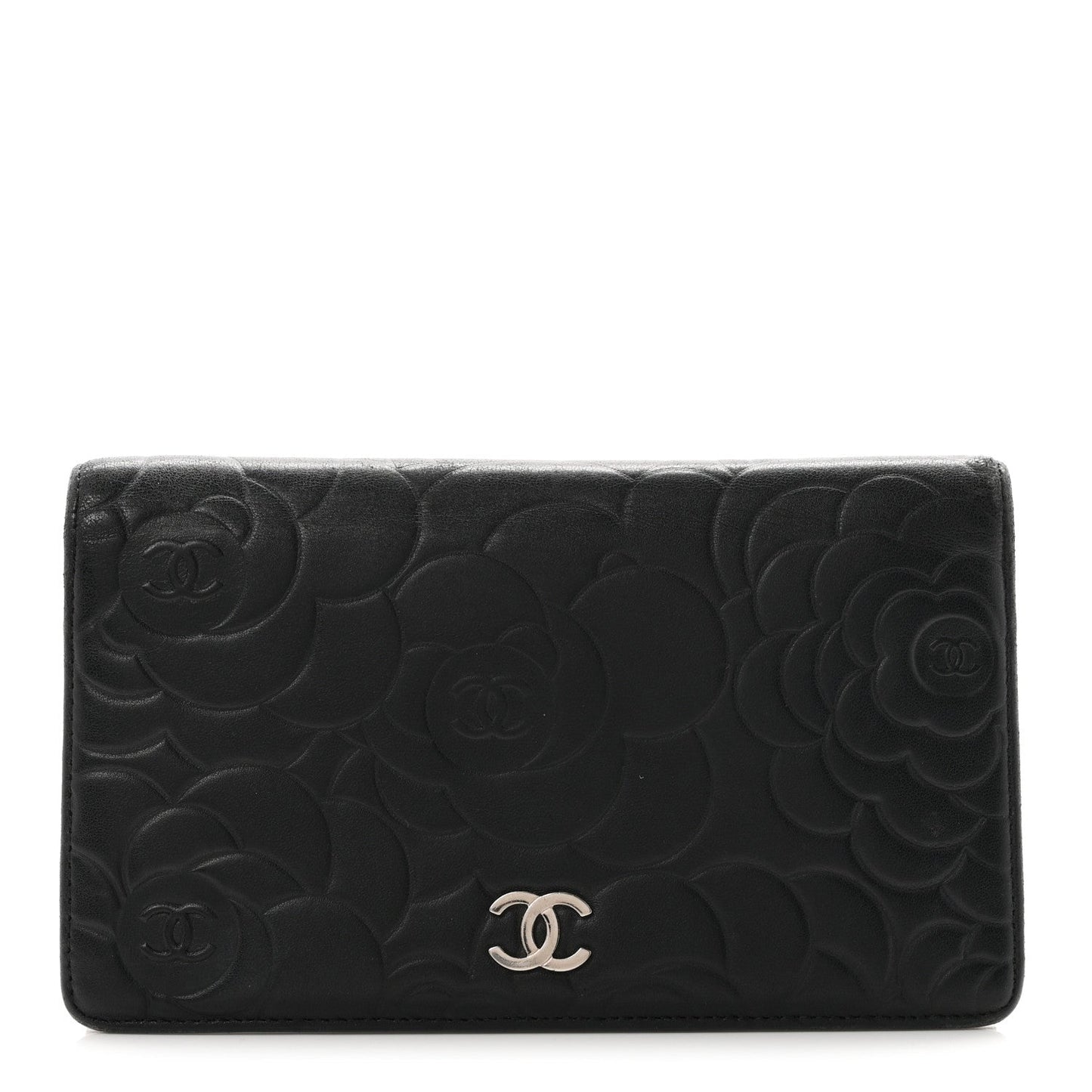 Lambskin Camellia Embossed Yen Wallet Black