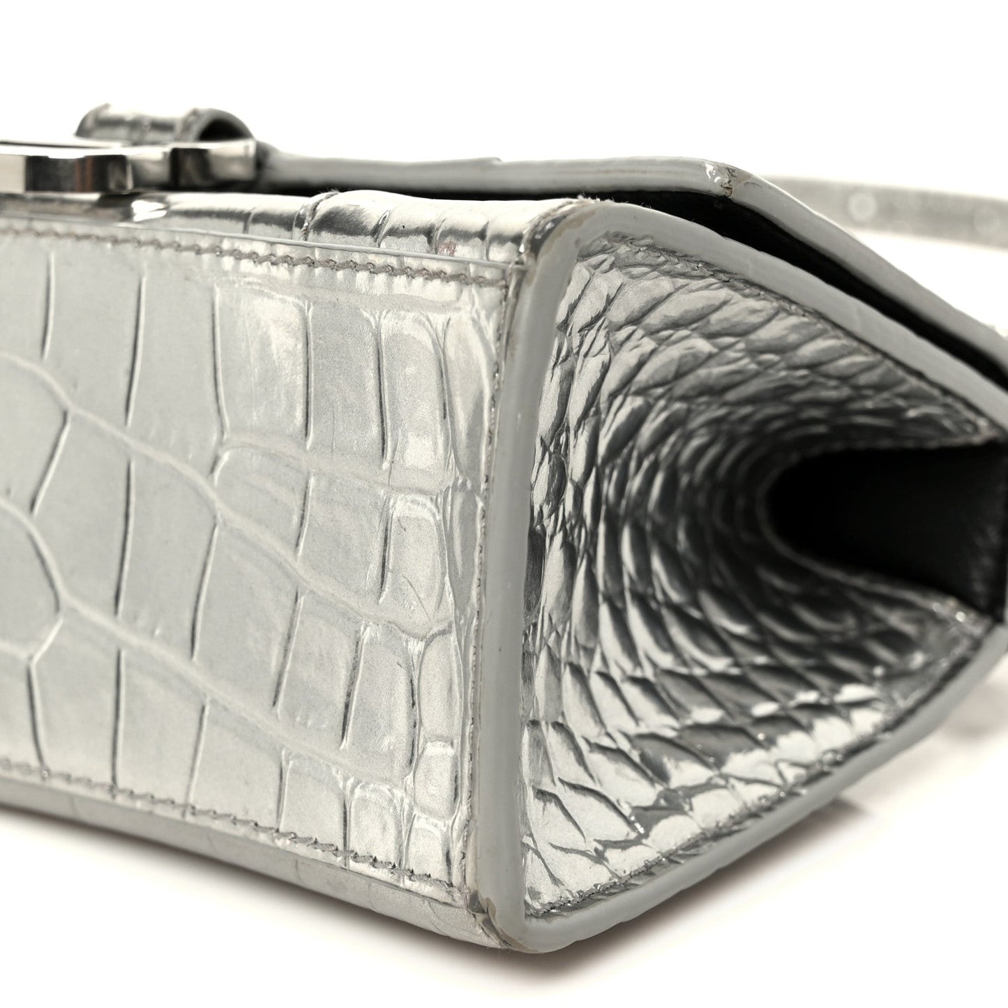 Metallic Calfskin Crocodile Embossed Hourglass Top Handle Bag XS Silver