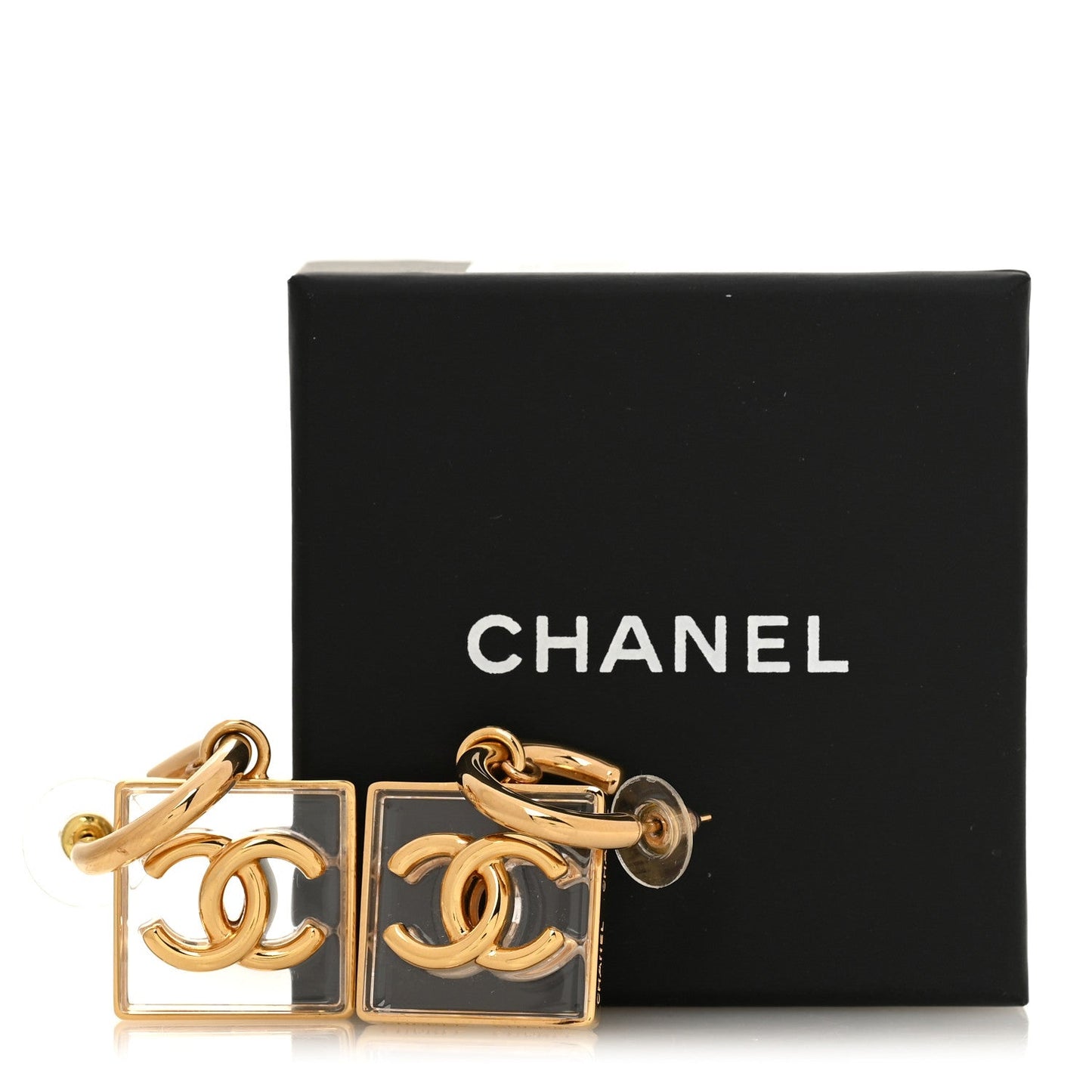 Metal Resin CC Square Drop Earrings Gold Transparent
