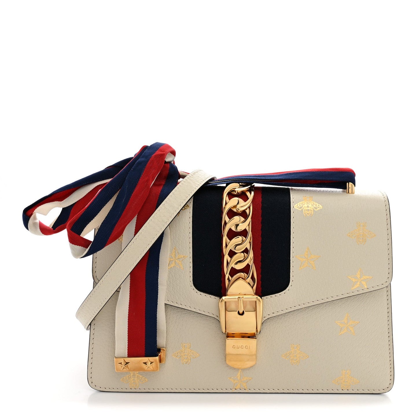 Textured Calfskin Bee Star Print Small Sylvie Shoulder Bag Mystic White