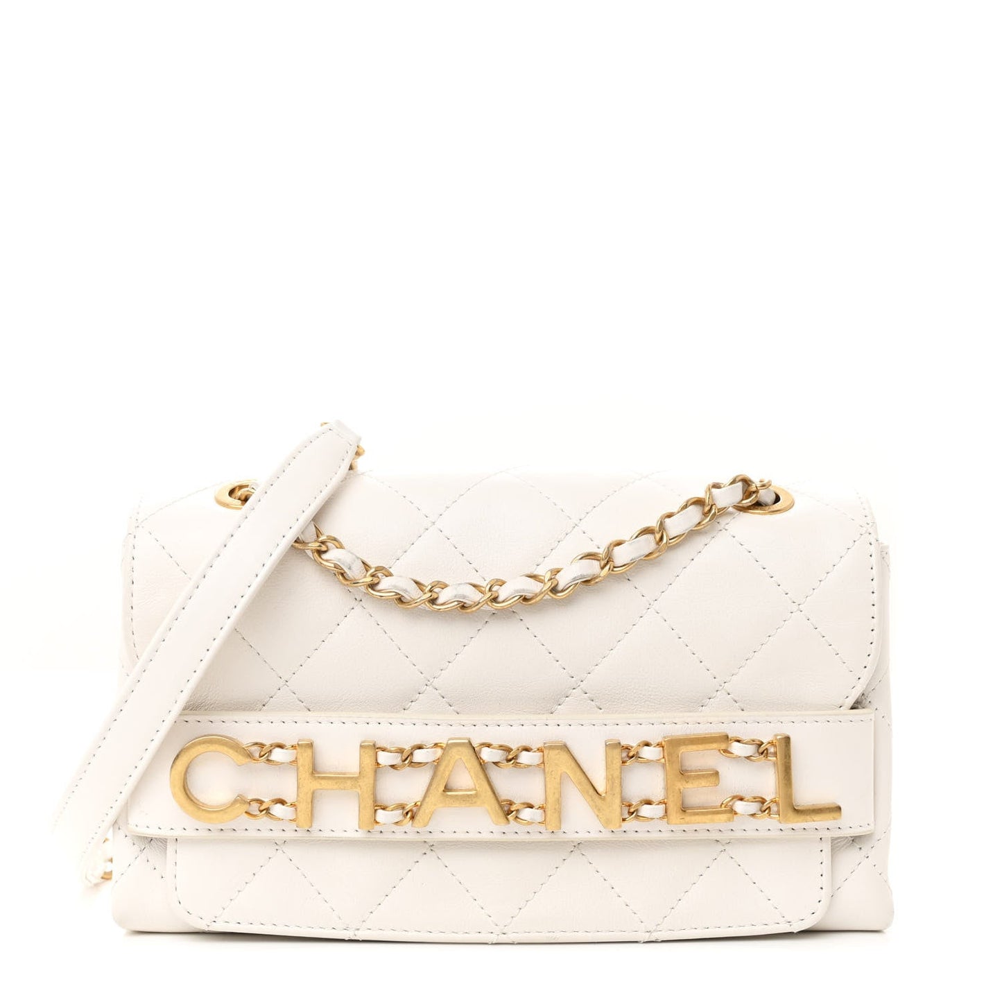 Calfskin Quilted Small Enchained Flap White