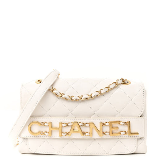 Calfskin Quilted Small Enchained Flap White