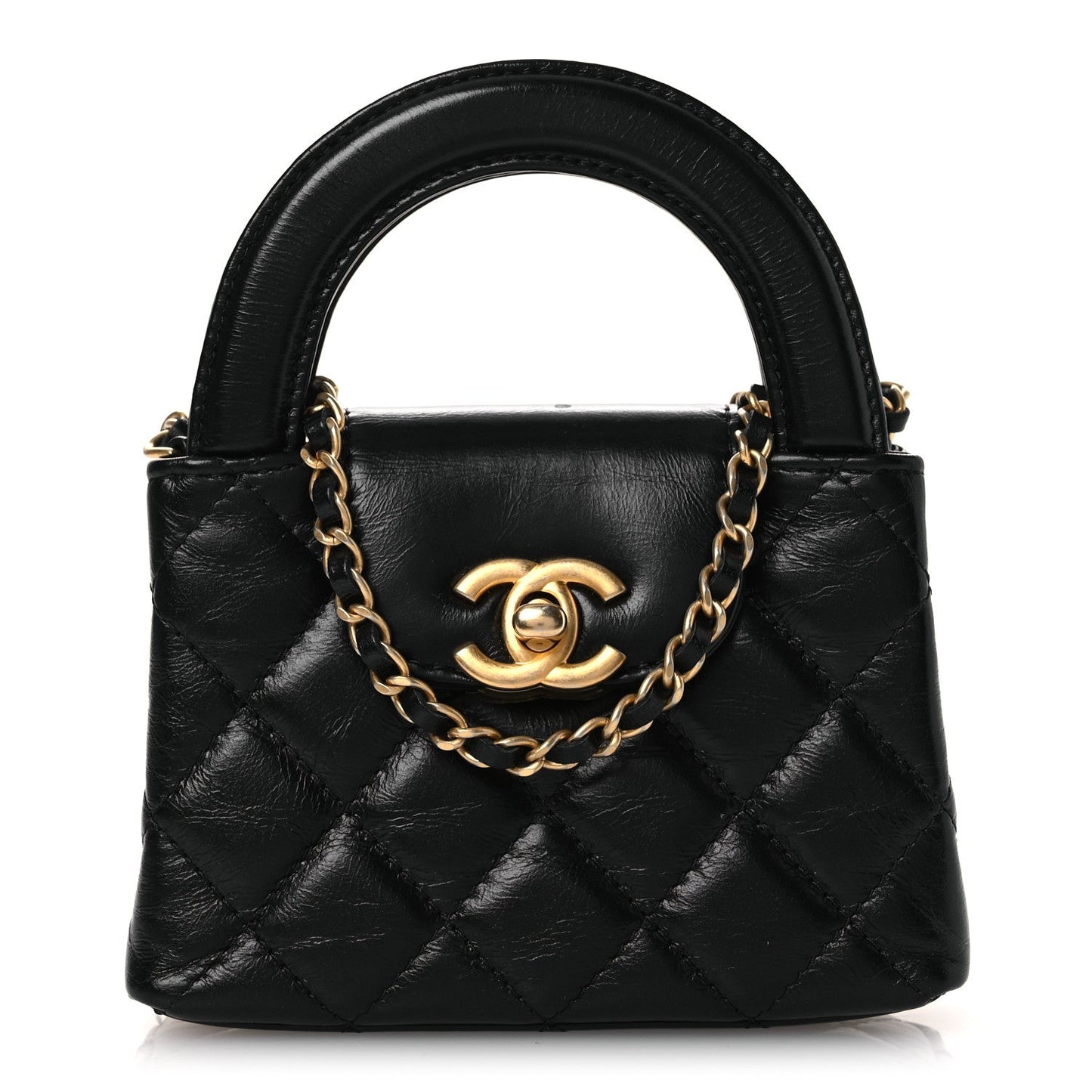 Shiny Aged Calfskin Quilted Mini Nano Kelly Shopper Black