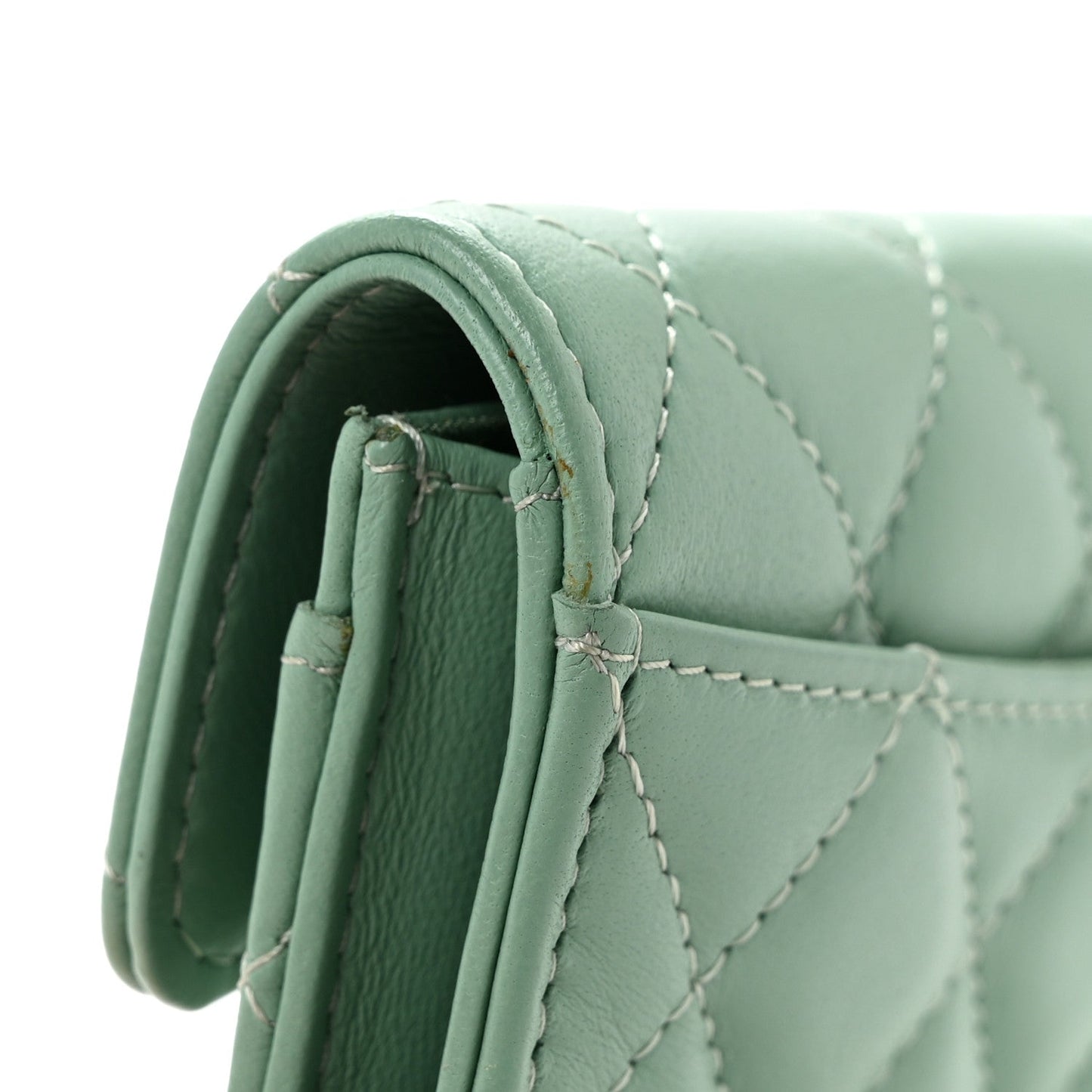 Lambskin Quilted Flap Card Holder Wallet Green