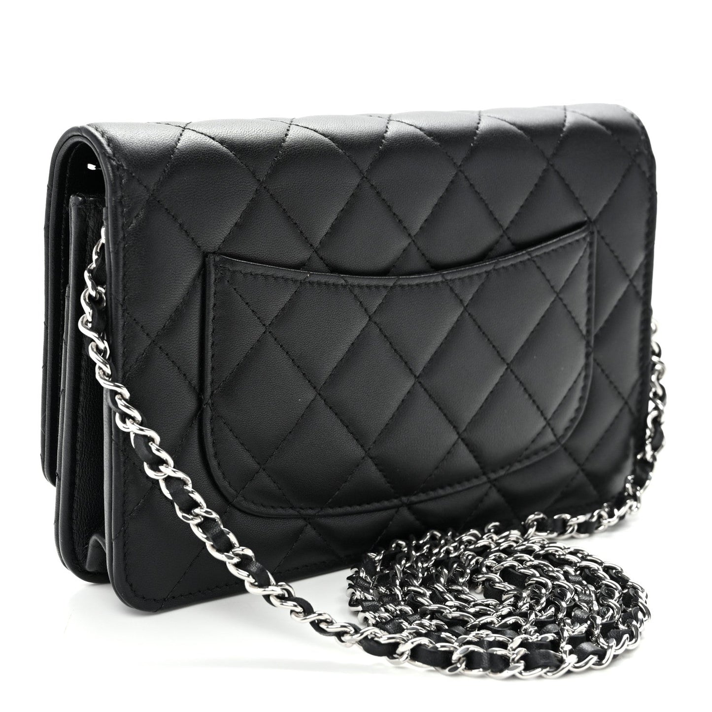 Lambskin Quilted Enamel CC Wallet on Chain WOC Black