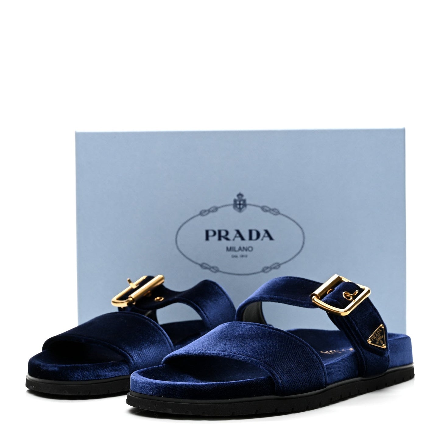 Velvet Metal Triangle Logo Womens Double Buckle 20mm Slide Sandals 39 Bleu