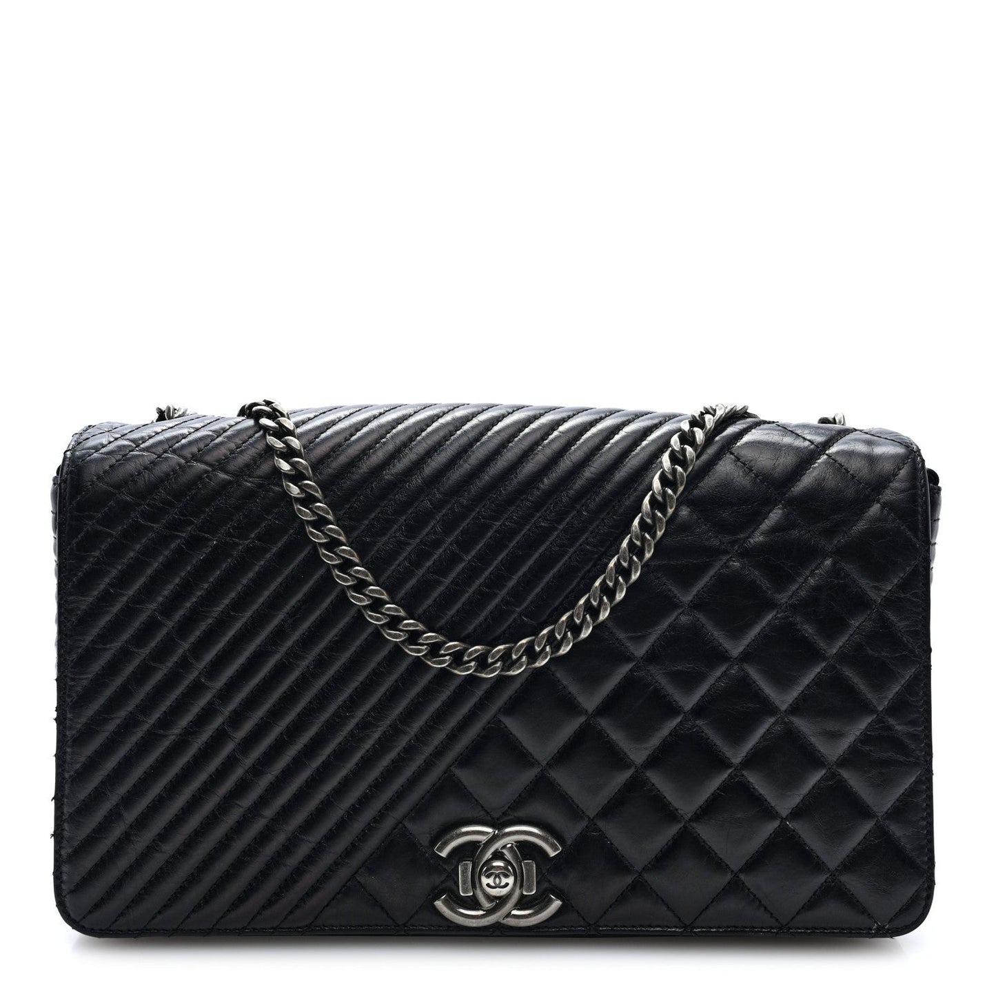 Glazed Calfskin Quilted Large Coco Boy Flap Black