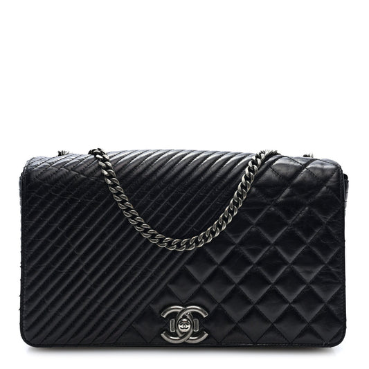 Glazed Calfskin Quilted Large Coco Boy Flap Black