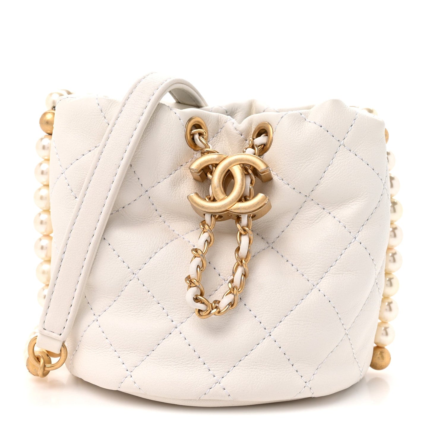 Calfskin Quilted Pearl Mini About Pearls Drawstring Bucket Bag White