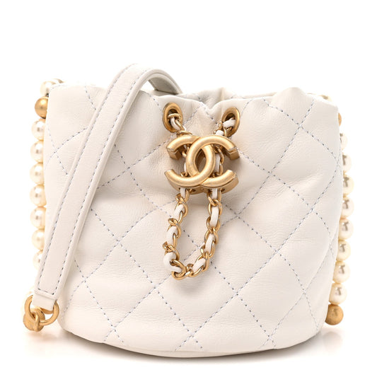 Calfskin Quilted Pearl Mini About Pearls Drawstring Bucket Bag White