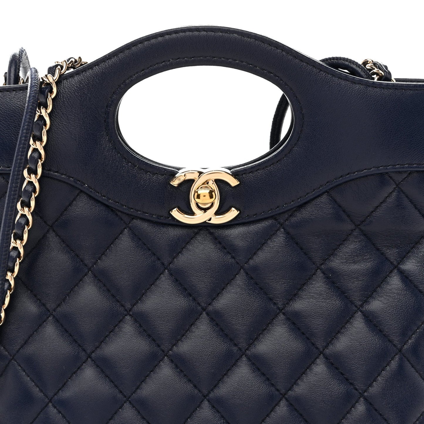 Shiny Crumpled Calfskin Quilted Mini 31 Shopping Bag Navy Blue