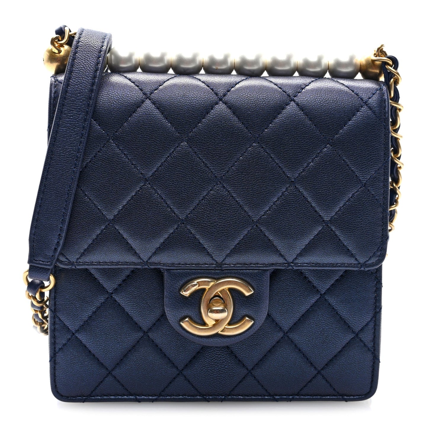 Iridescent Lambskin Quilted Chic Pearls Flap Navy Blue