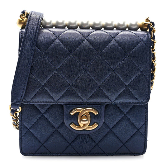Iridescent Lambskin Quilted Chic Pearls Flap Navy Blue
