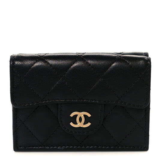Lambskin Quilted Double Flap Wallet Black